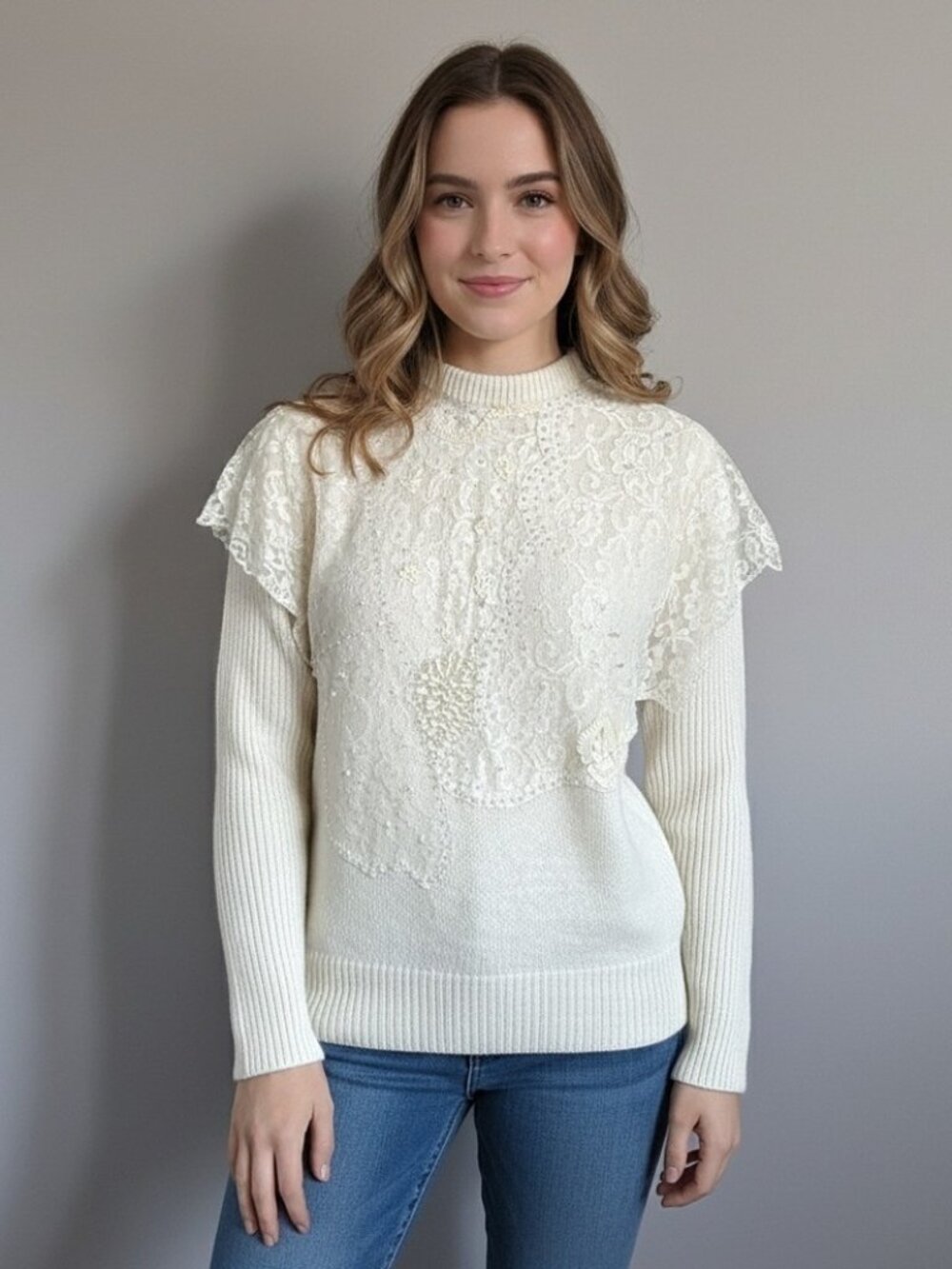 Vintage 80s Ivory Silk Angora Lace Pearl Bib Victorian Sweater - Small